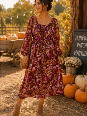 Grace & Emma Boho Floral Long Sleeve Midi Dress | Romantic | Size Small